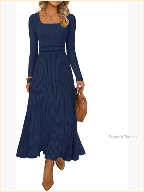 Dresses & Skirts - Square Neck Long Sleeve Pleated Knit Midi Dress